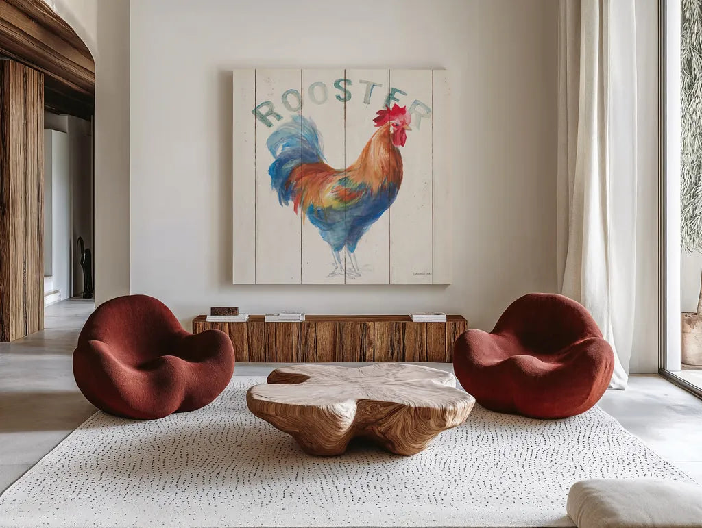 Rooster by Danhui Nai. Shown as extra-large giant wall art in a modern living room. Available as an archival giclee rolled canvas, fine art paper, or poster print. SKU 46168a.