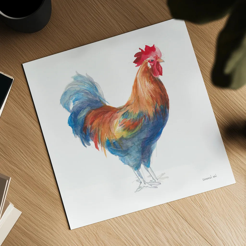 Rooster on White by Danhui Nai. Shown as a detailed flat fine art print, highlighting archival giclee quality. Available as an archival giclee rolled canvas, fine art paper, or poster print. SKU 46170a.