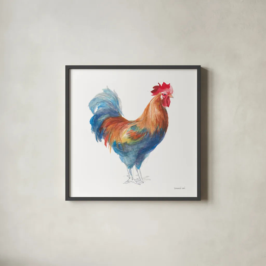 Rooster on White by Danhui Nai. Shown in a sleek black glass frame for a contemporary gallery look. Available as an archival giclee rolled canvas, fine art paper, or poster print. SKU 46170a.