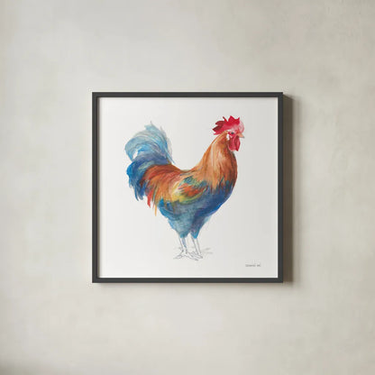 Rooster on White by Danhui Nai. Shown in a sleek black glass frame for a contemporary gallery look. Available as an archival giclee rolled canvas, fine art paper, or poster print. SKU 46170a.