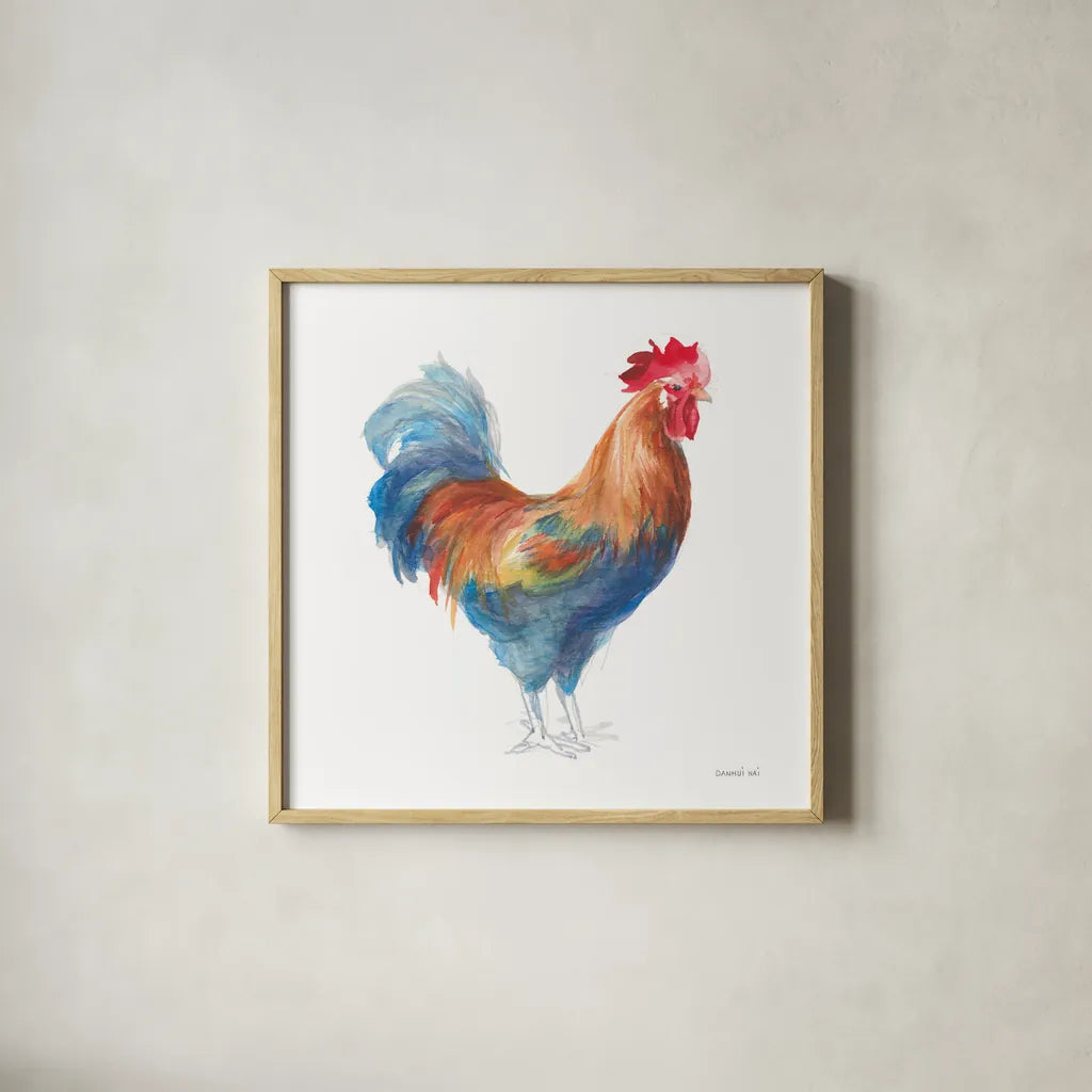 Rooster on White by Danhui Nai. Shown in a natural wood glass frame for a timeless modern aesthetic. Available as an archival giclee rolled canvas, fine art paper, or poster print. SKU 46170a.