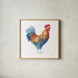 Rooster on White by Danhui Nai. Shown in a natural wood glass frame for a timeless modern aesthetic. Available as an archival giclee rolled canvas, fine art paper, or poster print. SKU 46170a.
