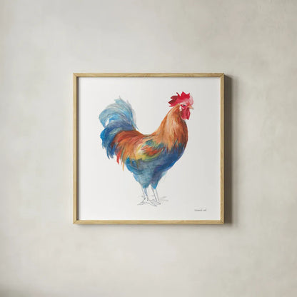 Rooster on White by Danhui Nai. Shown in a natural wood glass frame for a timeless modern aesthetic. Available as an archival giclee rolled canvas, fine art paper, or poster print. SKU 46170a.