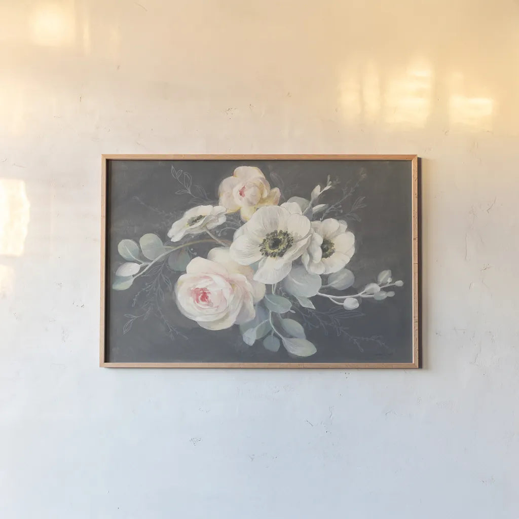 Roses and Anemones by Danhui Nai. shown as a paper print in a natural frame. Available as a archival giclee rolled canvas, fine art paper, or poster print. SKU 38229i.