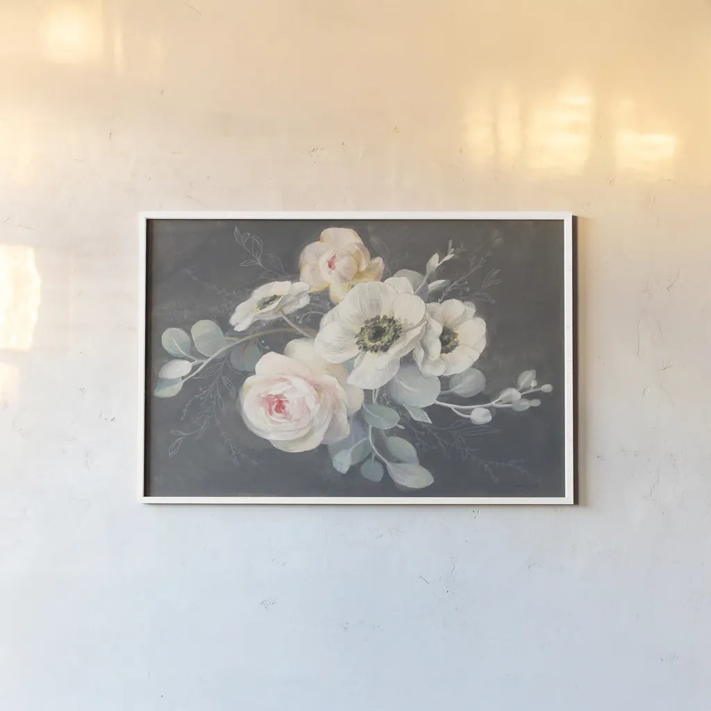 Roses and Anemones by Danhui Nai. shown as a paper print in a white frame. Available as a archival giclee rolled canvas, fine art paper, or poster print. SKU 38229i.