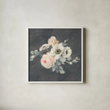 Roses and Anemones Square by Danhui Nai. Shown in a crisp white glass frame for a clean and minimalist style. Available as an archival giclee rolled canvas, fine art paper, or poster print. SKU 39359a.