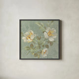 Roses on Blue I by Danhui Nai. Shown in a sleek black glass frame for a contemporary gallery look. Available as an archival giclee rolled canvas, fine art paper, or poster print. SKU 5429a.