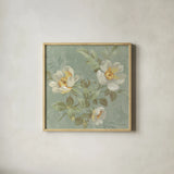 Roses on Blue I by Danhui Nai. Shown in a natural wood glass frame for a timeless modern aesthetic. Available as an archival giclee rolled canvas, fine art paper, or poster print. SKU 5429a.