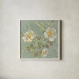 Roses on Blue I by Danhui Nai. Shown in a crisp white glass frame for a clean and minimalist style. Available as an archival giclee rolled canvas, fine art paper, or poster print. SKU 5429a.