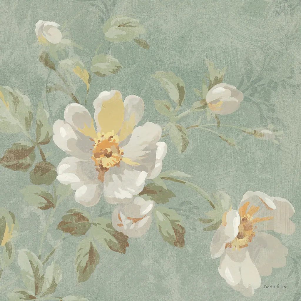 Roses on Blue II by Danhui Nai. SKU 5430a. Archival Giclee Fine art print for wall decor.