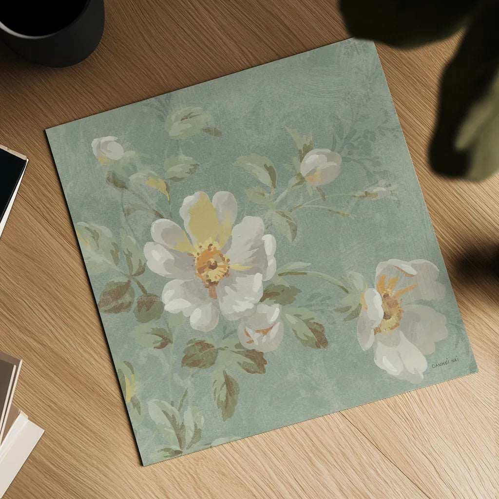 Roses on Blue II by Danhui Nai. Shown as a detailed flat fine art print, highlighting archival giclee quality. Available as an archival giclee rolled canvas, fine art paper, or poster print. SKU 5430a.