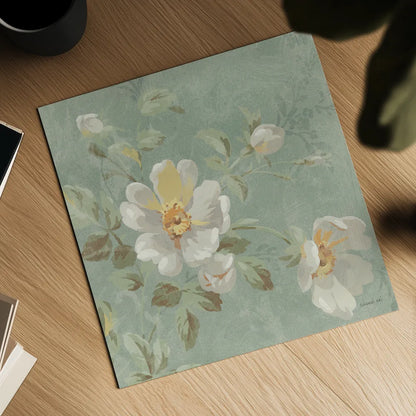 Roses on Blue II by Danhui Nai. Shown as a detailed flat fine art print, highlighting archival giclee quality. Available as an archival giclee rolled canvas, fine art paper, or poster print. SKU 5430a.