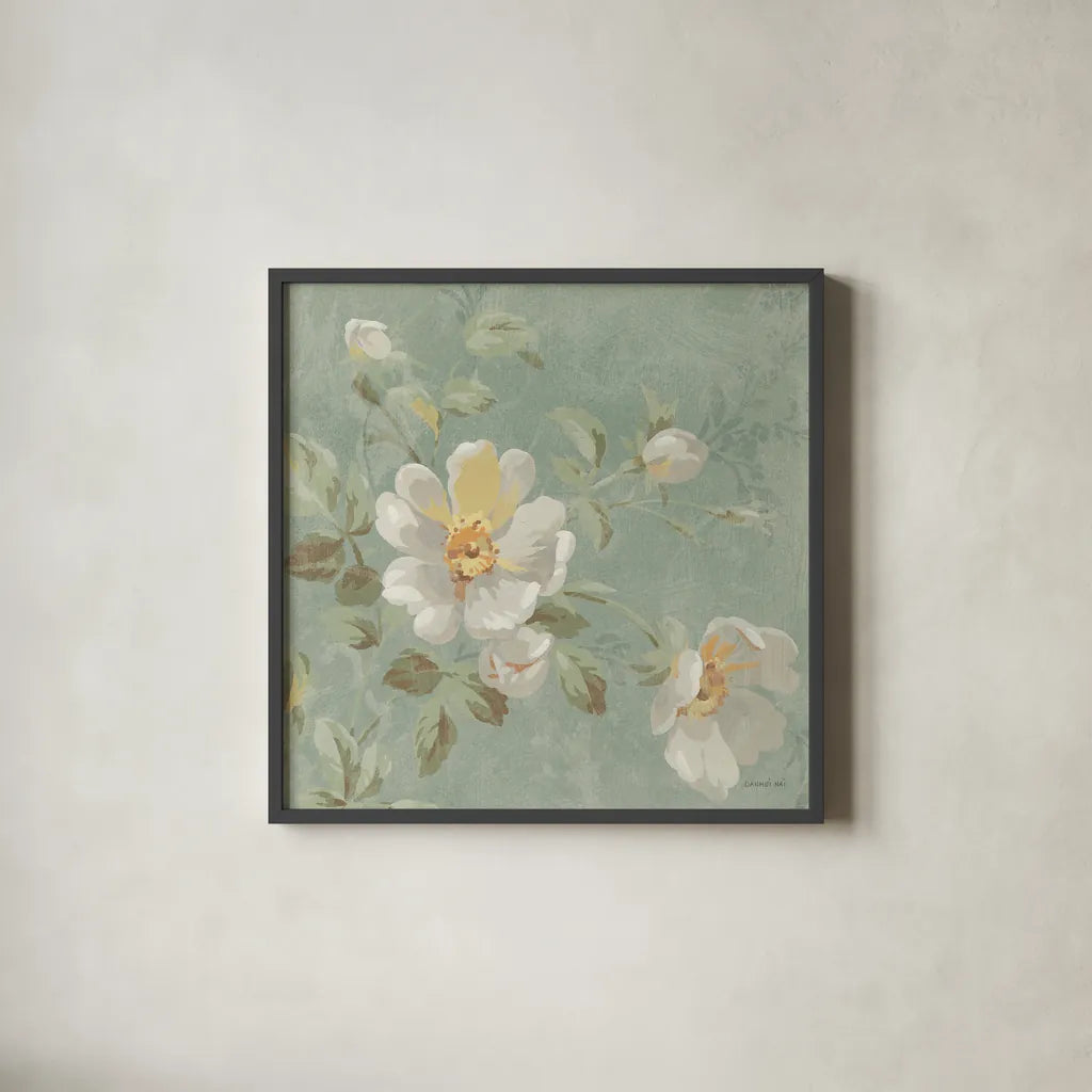 Roses on Blue II by Danhui Nai. Shown in a sleek black glass frame for a contemporary gallery look. Available as an archival giclee rolled canvas, fine art paper, or poster print. SKU 5430a.