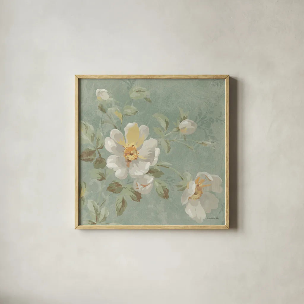 Roses on Blue II by Danhui Nai. Shown in a natural wood glass frame for a timeless modern aesthetic. Available as an archival giclee rolled canvas, fine art paper, or poster print. SKU 5430a.
