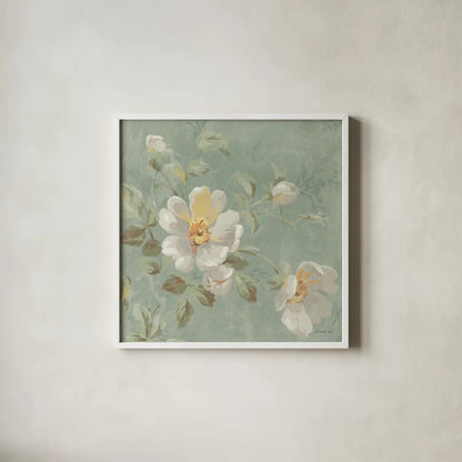Roses on Blue II by Danhui Nai. Shown in a crisp white glass frame for a clean and minimalist style. Available as an archival giclee rolled canvas, fine art paper, or poster print. SKU 5430a.