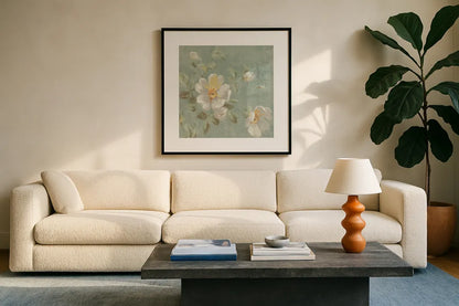 Roses on Blue II by Danhui Nai. Displayed in a glass frame with matte in a clean modern living room. Available as an archival giclee rolled canvas, fine art paper, or poster print. SKU 5430a.