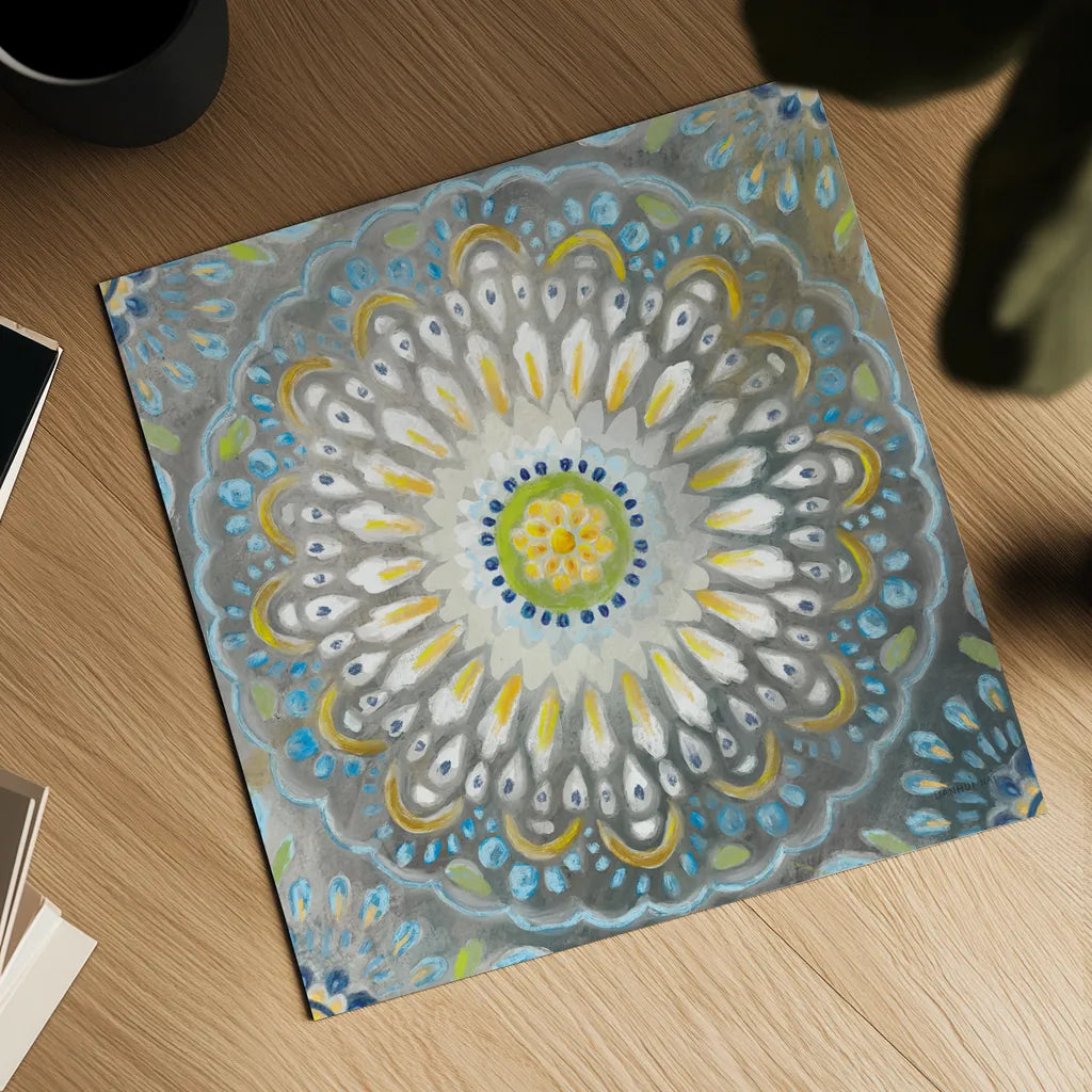 Rosette Mandala by Danhui Nai. Shown as a detailed flat fine art print, highlighting archival giclee quality. Available as an archival giclee rolled canvas, fine art paper, or poster print. SKU 81362a.