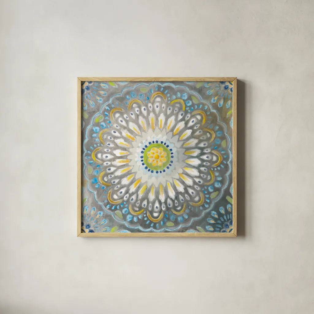 Rosette Mandala by Danhui Nai. Shown in a natural wood glass frame for a timeless modern aesthetic. Available as an archival giclee rolled canvas, fine art paper, or poster print. SKU 81362a.
