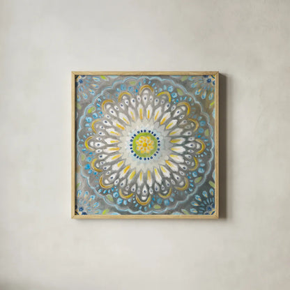 Rosette Mandala by Danhui Nai. Shown in a natural wood glass frame for a timeless modern aesthetic. Available as an archival giclee rolled canvas, fine art paper, or poster print. SKU 81362a.