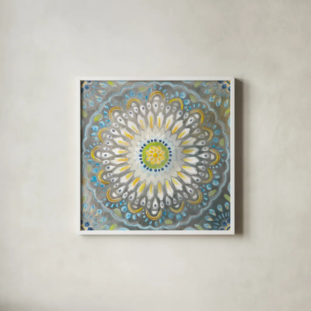 Rosette Mandala by Danhui Nai. Shown in a crisp white glass frame for a clean and minimalist style. Available as an archival giclee rolled canvas, fine art paper, or poster print. SKU 81362a.