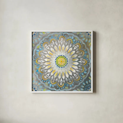 Rosette Mandala by Danhui Nai. Shown in a crisp white glass frame for a clean and minimalist style. Available as an archival giclee rolled canvas, fine art paper, or poster print. SKU 81362a.