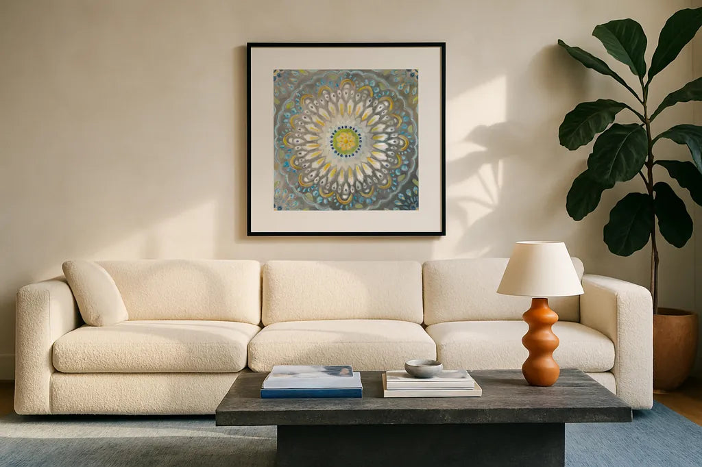 Rosette Mandala by Danhui Nai. Displayed in a glass frame with matte in a clean modern living room. Available as an archival giclee rolled canvas, fine art paper, or poster print. SKU 81362a.