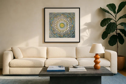 Rosette Mandala by Danhui Nai. Displayed in a glass frame with matte in a clean modern living room. Available as an archival giclee rolled canvas, fine art paper, or poster print. SKU 81362a.