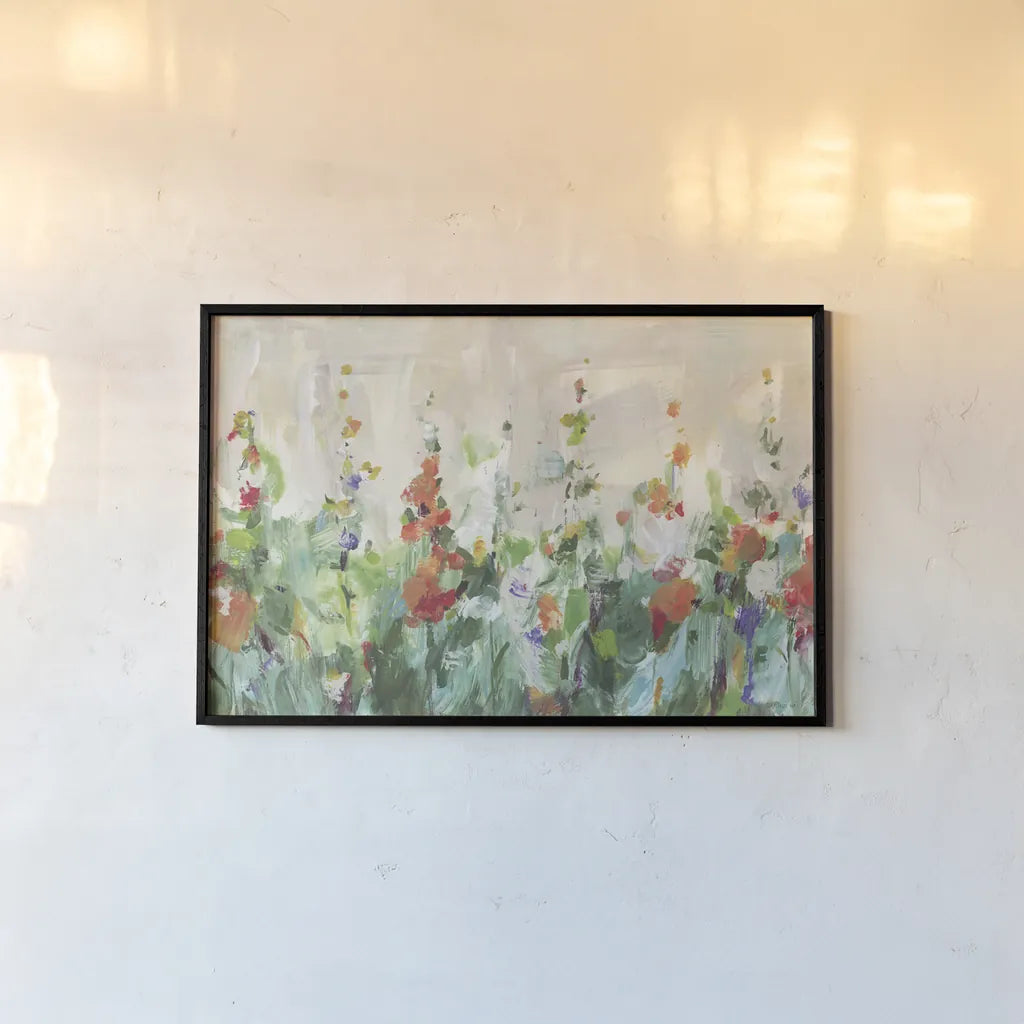 Row of Bright Flowers by Danhui Nai. shown as a paper print in a black flame. Available as a archival giclee rolled canvas, fine art paper, or poster print. SKU 93507i.