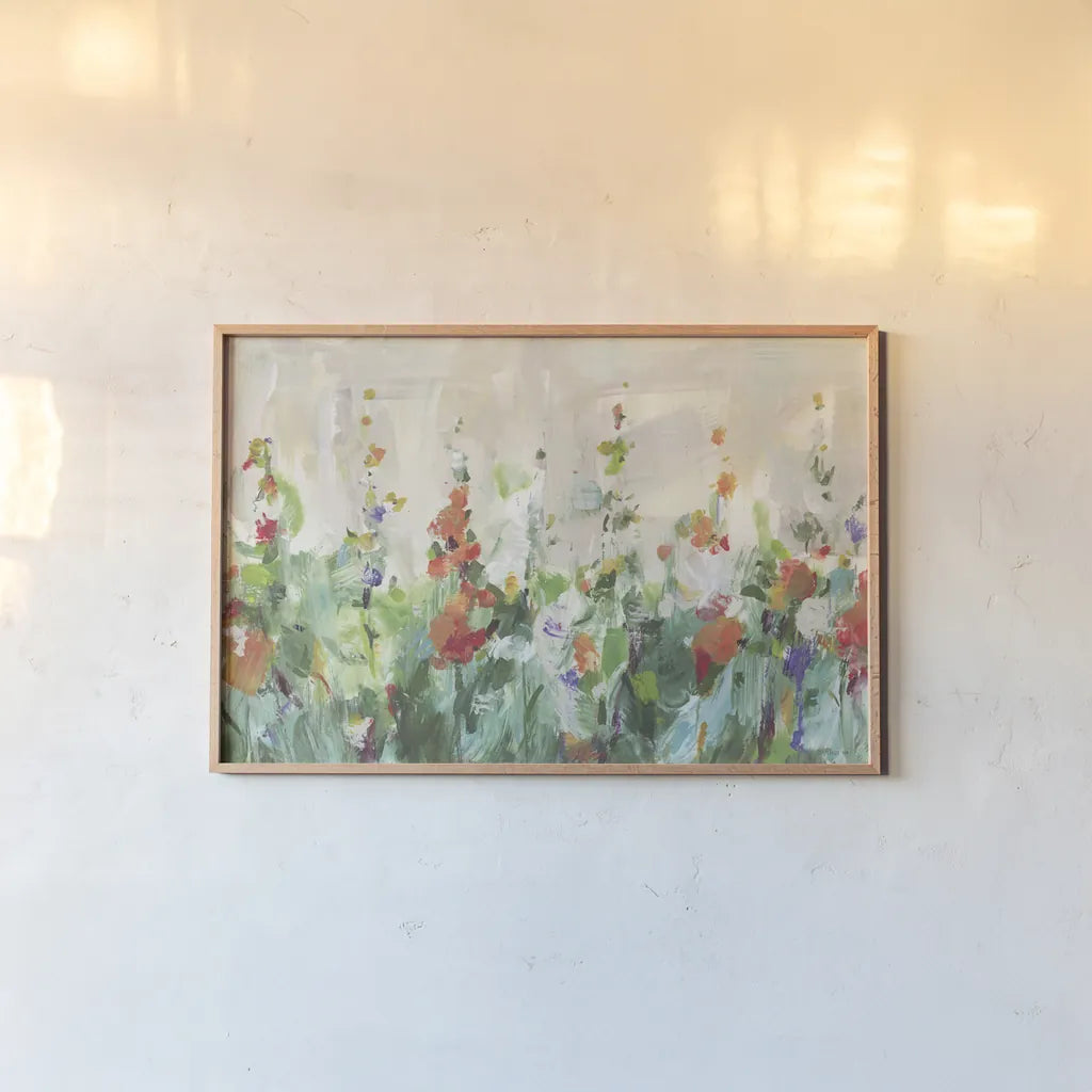 Row of Bright Flowers by Danhui Nai. shown as a paper print in a natural frame. Available as a archival giclee rolled canvas, fine art paper, or poster print. SKU 93507i.