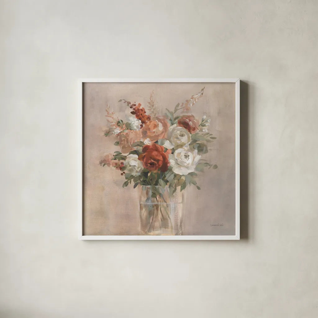Russet Bouquet by Danhui Nai. Shown in a crisp white glass frame for a clean and minimalist style. Available as an archival giclee rolled canvas, fine art paper, or poster print. SKU 83489a.