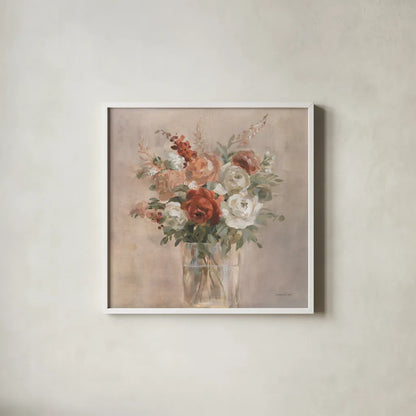 Russet Bouquet by Danhui Nai. Shown in a crisp white glass frame for a clean and minimalist style. Available as an archival giclee rolled canvas, fine art paper, or poster print. SKU 83489a.