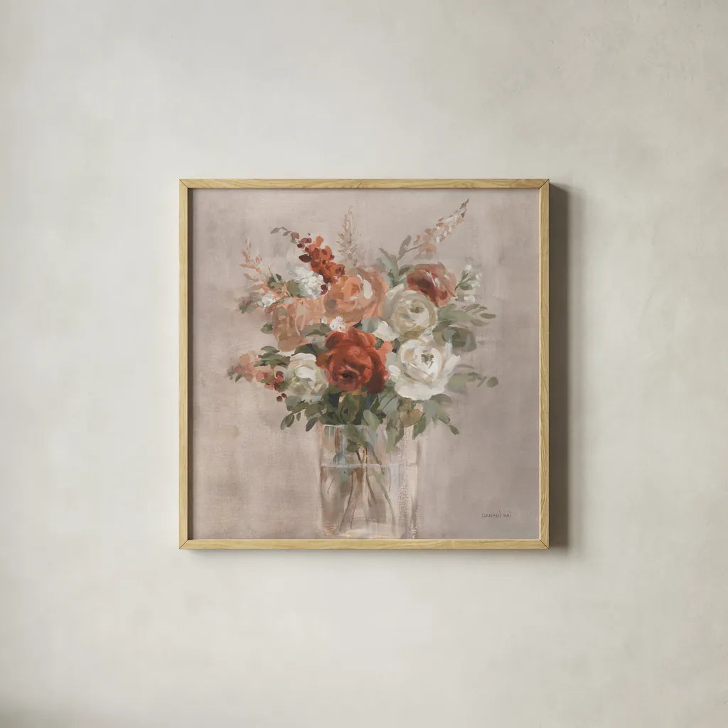 Russet Bouquet Light by Danhui Nai. Shown in a natural wood glass frame for a timeless modern aesthetic. Available as an archival giclee rolled canvas, fine art paper, or poster print. SKU 85437a.