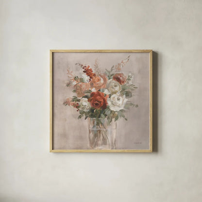 Russet Bouquet Light by Danhui Nai. Shown in a natural wood glass frame for a timeless modern aesthetic. Available as an archival giclee rolled canvas, fine art paper, or poster print. SKU 85437a.