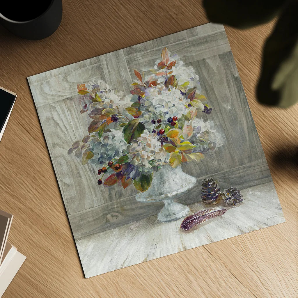 Rustic Florals White by Danhui Nai. Shown as a detailed flat fine art print, highlighting archival giclee quality. Available as an archival giclee rolled canvas, fine art paper, or poster print. SKU 24459a.
