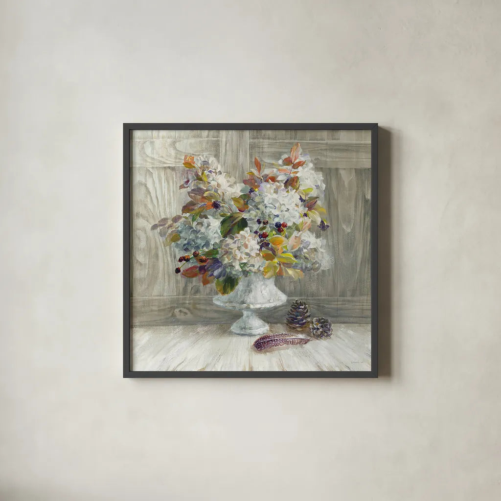 Rustic Florals White by Danhui Nai. Shown in a sleek black glass frame for a contemporary gallery look. Available as an archival giclee rolled canvas, fine art paper, or poster print. SKU 24459a.