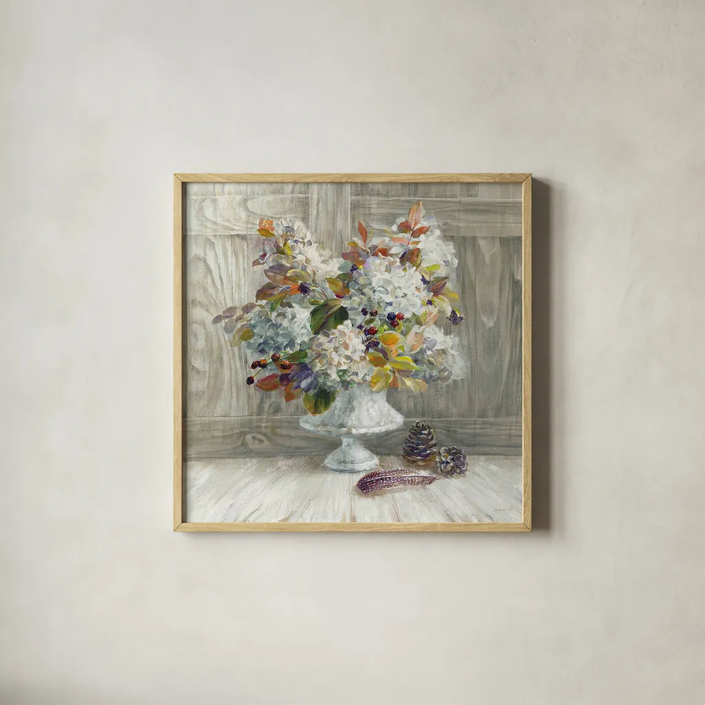 Rustic Florals White by Danhui Nai. Shown in a natural wood glass frame for a timeless modern aesthetic. Available as an archival giclee rolled canvas, fine art paper, or poster print. SKU 24459a.