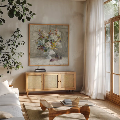 Rustic Florals White by Danhui Nai. Shown in a natural wood frame in a cozy modern living room. Available as an archival giclee rolled canvas, fine art paper, or poster print. SKU 24459a.