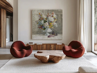 Rustic Florals White by Danhui Nai. Shown as extra-large giant wall art in a modern living room. Available as an archival giclee rolled canvas, fine art paper, or poster print. SKU 24459a.