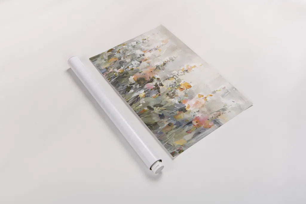 Rustic Garden Peach by Danhui Nai. shown as a rolled paper print. Available as archival giclee rolled canvas, fine art paper, or poster print. SKU 90372i.