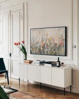 Rustic Garden Peach by Danhui Nai. shown as a framed stretched canvas in a living room above a console. Available as a archival giclee rolled canvas, fine art paper, or poster print. SKU 90372i.