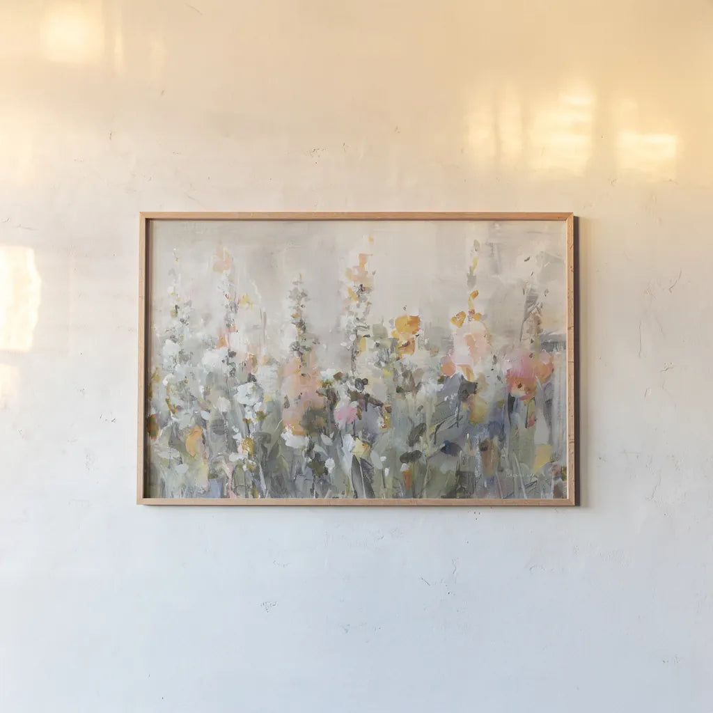 Rustic Garden Peach by Danhui Nai. shown as a paper print in a natural frame. Available as a archival giclee rolled canvas, fine art paper, or poster print. SKU 90372i.