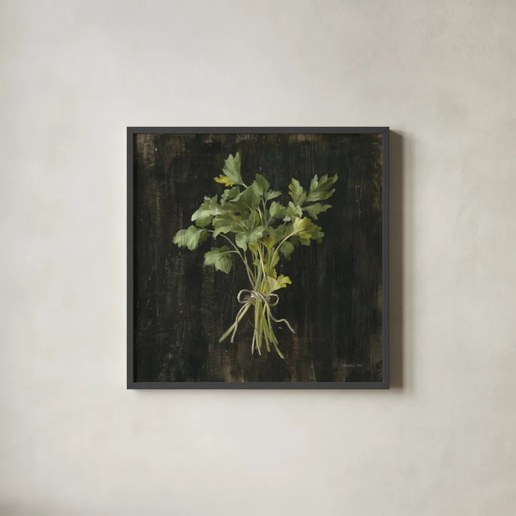 Rustic Herbs I by Danhui Nai. Shown in a sleek black glass frame for a contemporary gallery look. Available as an archival giclee rolled canvas, fine art paper, or poster print. SKU 100643a.