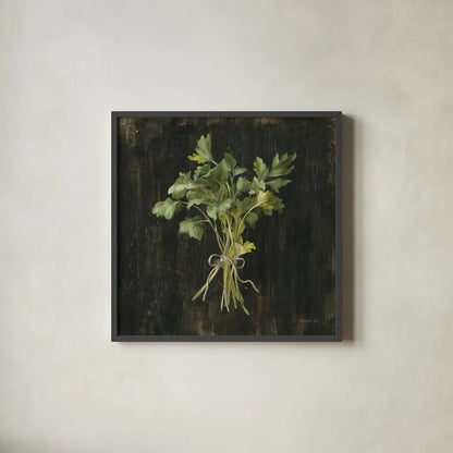 Rustic Herbs I by Danhui Nai. Shown in a sleek black glass frame for a contemporary gallery look. Available as an archival giclee rolled canvas, fine art paper, or poster print. SKU 100643a.