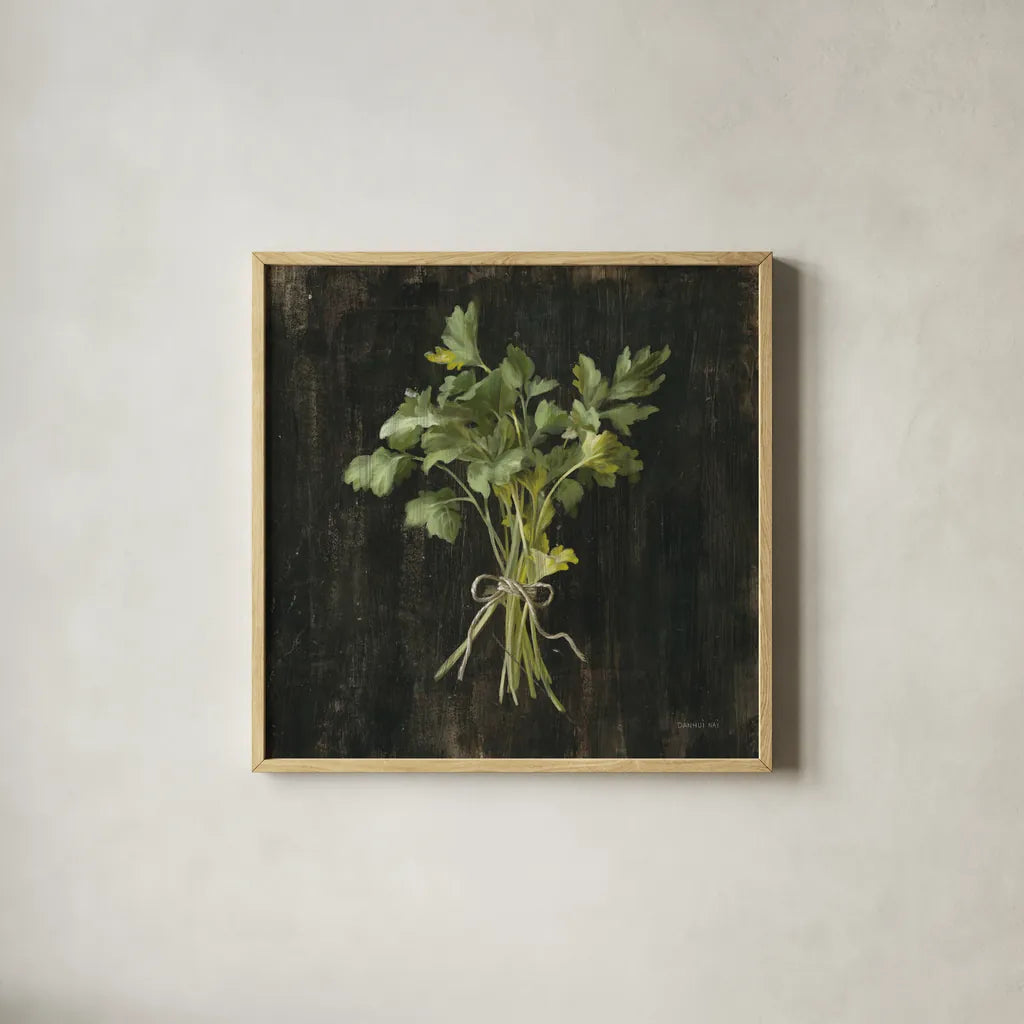 Rustic Herbs I by Danhui Nai. Shown in a natural wood glass frame for a timeless modern aesthetic. Available as an archival giclee rolled canvas, fine art paper, or poster print. SKU 100643a.
