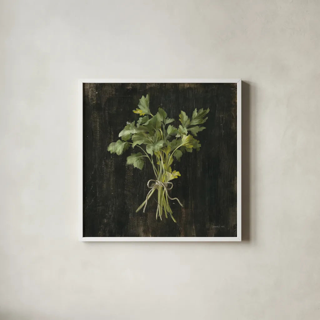 Rustic Herbs I by Danhui Nai. Shown in a crisp white glass frame for a clean and minimalist style. Available as an archival giclee rolled canvas, fine art paper, or poster print. SKU 100643a.