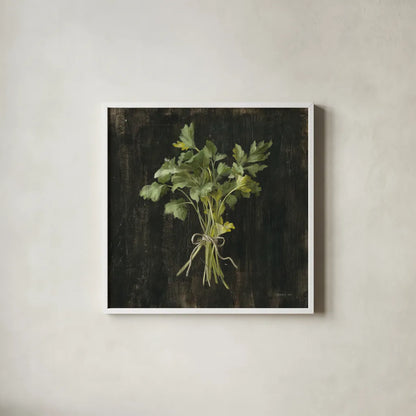 Rustic Herbs I by Danhui Nai. Shown in a crisp white glass frame for a clean and minimalist style. Available as an archival giclee rolled canvas, fine art paper, or poster print. SKU 100643a.