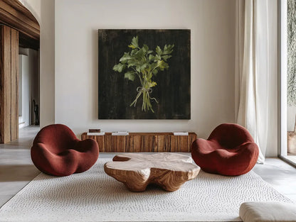 Rustic Herbs I by Danhui Nai. Shown as extra-large giant wall art in a modern living room. Available as an archival giclee rolled canvas, fine art paper, or poster print. SKU 100643a.