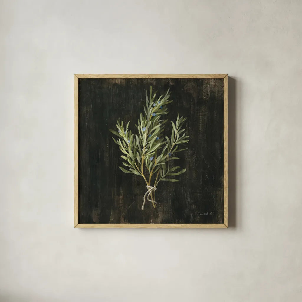 Rustic Herbs II by Danhui Nai. Shown in a natural wood glass frame for a timeless modern aesthetic. Available as an archival giclee rolled canvas, fine art paper, or poster print. SKU 100644a.