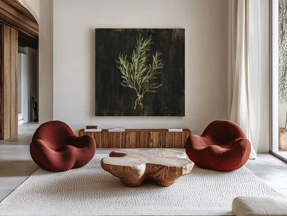 Rustic Herbs II by Danhui Nai. Shown as extra-large giant wall art in a modern living room. Available as an archival giclee rolled canvas, fine art paper, or poster print. SKU 100644a.