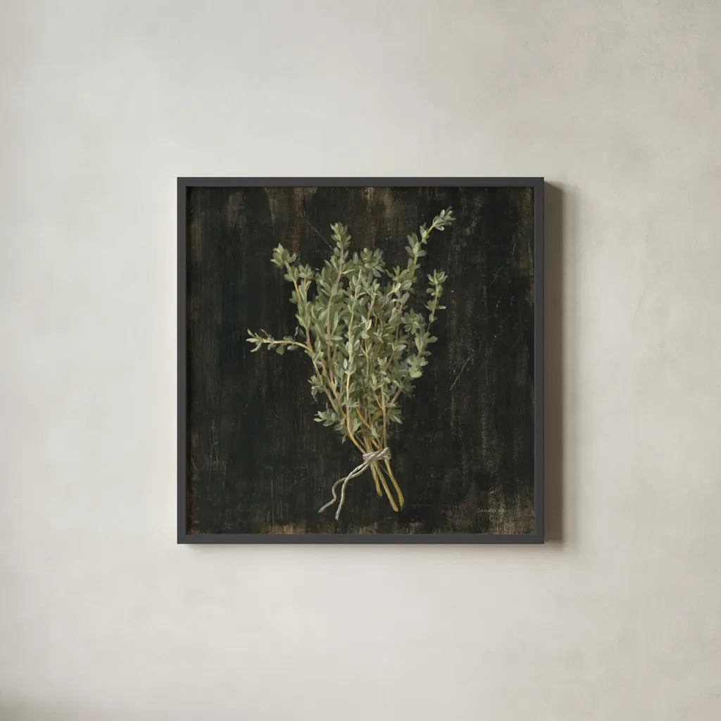 Rustic Herbs III by Danhui Nai. Shown in a sleek black glass frame for a contemporary gallery look. Available as an archival giclee rolled canvas, fine art paper, or poster print. SKU 100645a.